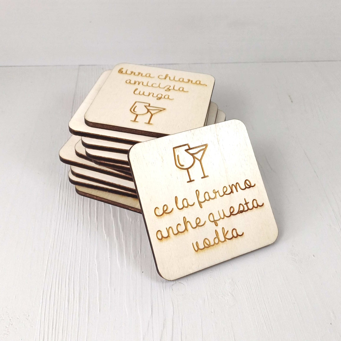Sottobicchiere Quadrato in Pioppo - Frasi Alcool Battuta - Set 12 Pezzi